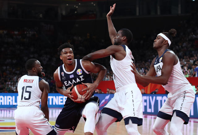 Basketball - FIBA World Cup - Second Round - Group K - United States v Greece - Shenzhen Bay Sports Center, Shenzhen, China - September 7, 2019 Greece's Giannis Antetokounmpo in action with Kemba Walker, Harrison Barnes and Myles Turner of the U.S. REUTERS/Athit Perawongmetha