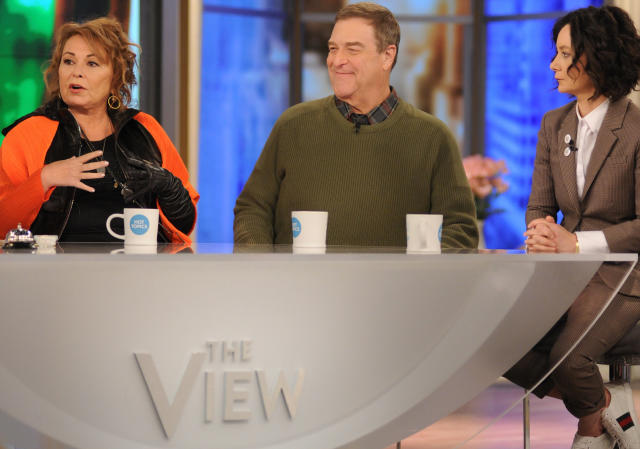 Roseanne Barr, along with castmates John Goodman and Sara Gilbert, during an appearance on