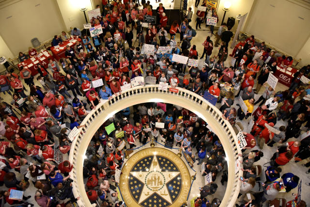 Teachers pack the Oklahoma state Capitol rotunda to demand higher pay and more funding for education