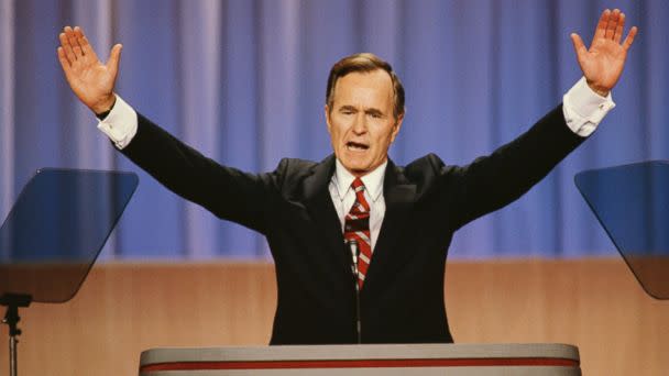 PHOTO: Vice President George Bush raises his arms during a speech at the 1988 Republican National Convention in New Orleans. (Shepard Sherbell/CORBIS SABA/Corbis via Getty Images)