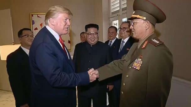 PHOTO: President Donald Trump and North Korean leader Kim Jong Un are pictured at their summit in Singapore in video shown on North Korean state television. (APTN)