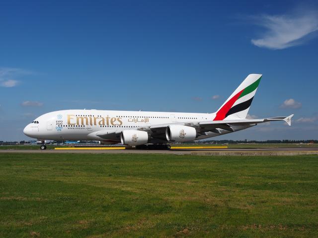 An Emirates A380 on a taxiway