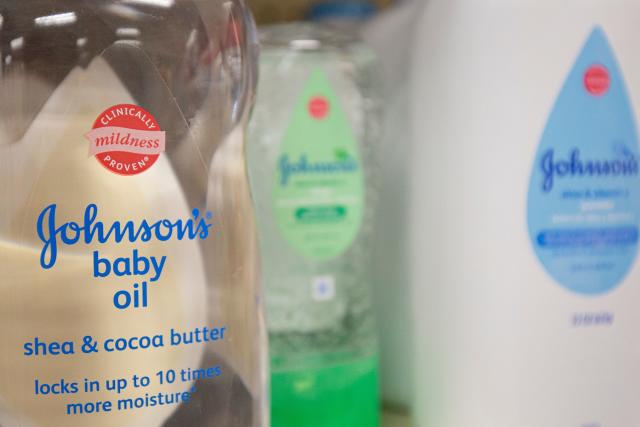 Baby oil made by Johnson & Johnson is seen at a pharmacy in Washington, DC, on August 26, 2019. (Photo by Alastair Pike / AFP) (Photo credit should read ALASTAIR PIKE/AFP/Getty Images)