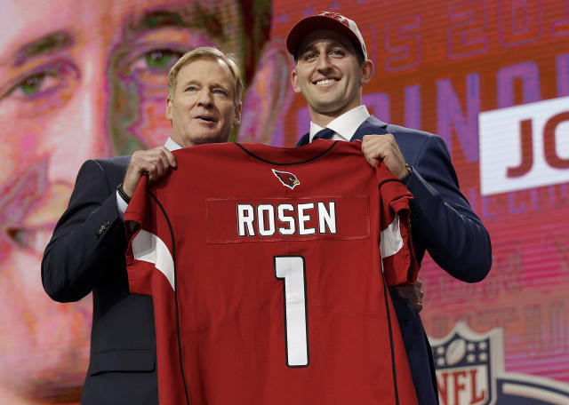 UCLA's Josh Rosen, right, poses with commissioner Roger Goodell after being selected by the Arizona Cardinals. (AP)