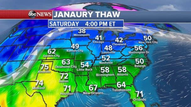 A January thaw will bring temperatures in the 60s and 70s to the South and 40s and 50s for the Midwest and Northeast. (ABC News)