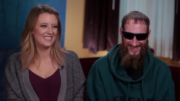 PHOTO: Kate McClure and Johnny Bobbitt reunite for the first time on TV after Bobbitt helped McClure when her car broke down two months ago on I-95 exit ramp in Philadelphia. (ABC News)