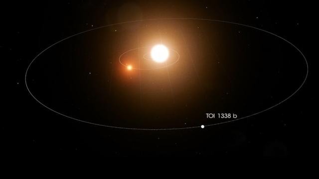 El Planeta TOI 1338 b se muestra en órbita alrededor de dos estrellas en una ilustración publicada por el Centro de Vuelo Espacial Goddard de la NASA.