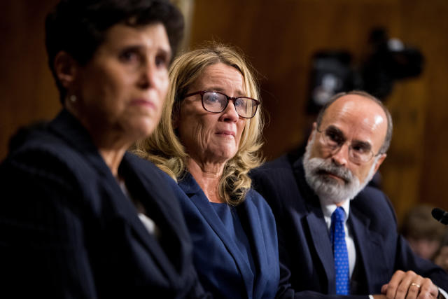 Christine Blasey Ford gave emotional but restrained testimony in front of the Senate Judiciary Committee on Thursday. (Tom Williams/Pool via REUTERS)