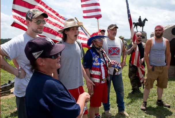 PHOTO: Alt-right groups including militias, the oath keepers, klans-men, and confederate flag advocates, descend upon the Gettysburg battlefield to defend it from a rumored confederate flag burning,July 1, 2017 at the Gettysburg National Park. (Andrew Lichtenstein/Corbis via Getty Images)