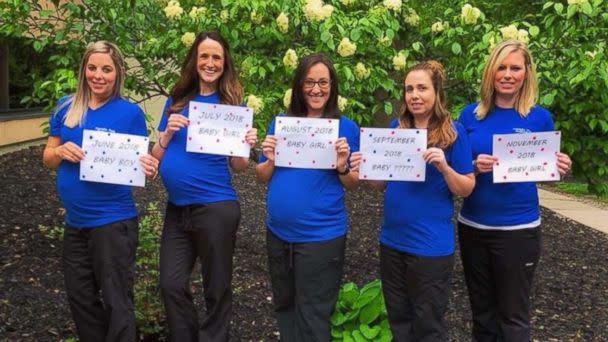 PHOTO: From left to right, Jessica Mielcarek, Anni Portocarrero, Meghan Keil, Kathy Krueger and Stephanie Holt are all colleagues at Franklin Park Pediatrics in Toledo, Ohio and expecting children within months of one another. (Franklin Park Pediatrics)