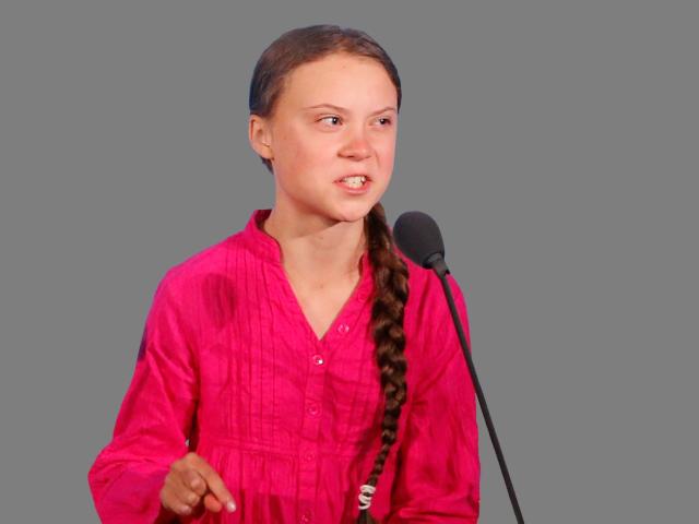 Greta Thunberg, Swedish environmental activist, addresses the Climate Action Summit at the United Nations General Assembly, New York, graphic element on gray