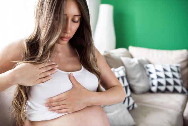 Colostrum, first breast milk, can leak during pregnancy [Photo: Getty]