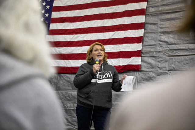 Heitkamp speaks to a packed house of supporters at a rally at Schmidt's Shop in Wyndmere, North Dakota, on Sunday. (Ilana Panich-Linsman for HuffPost)
