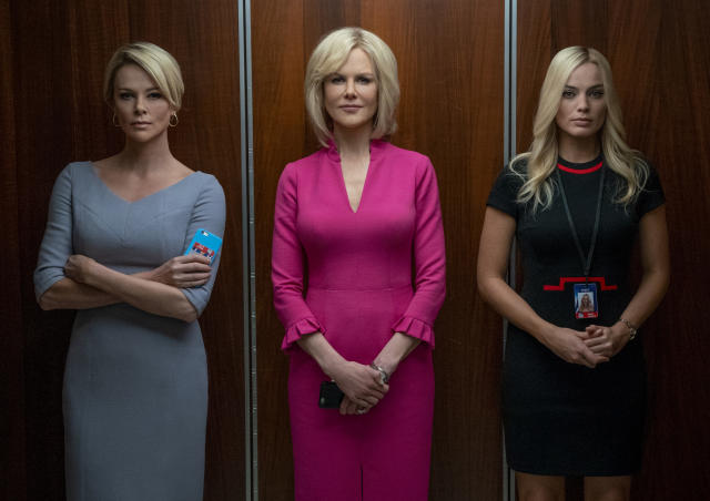 Charlize Theron as Megyn Kelly, Nicole Kidman as Gretchen Carlson and Margot Robbie as Kayla Pospisil (a composite character made up for the film) in Bombshell. (Photo: Lionsgate/Hilary Bronwyn Gayle)