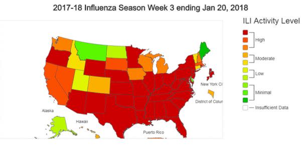 PHOTO: A map posted by CDC showing 2017-2018 influenza season week 3, Jan. 20, 3018. (CDC)