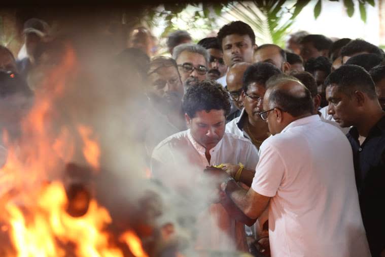 Sachin Tendulkar at coach Ramakant Achrekar's cremation. (Source: Express Photo by Amit Chakravarty)