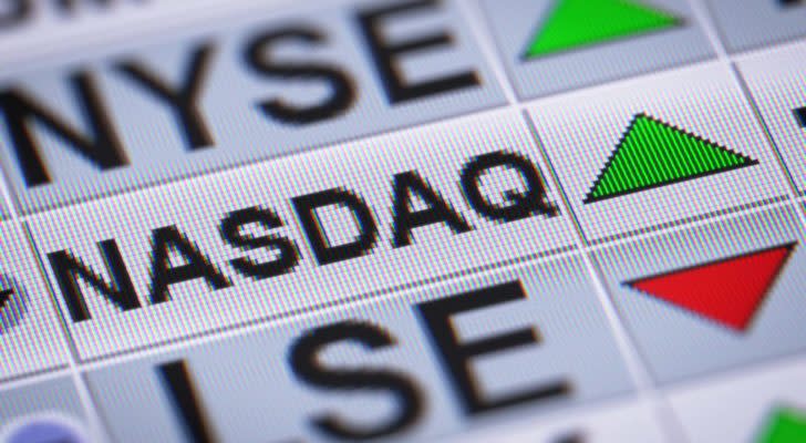 Nasdaq in focus accompanied by a green arrow and the word 