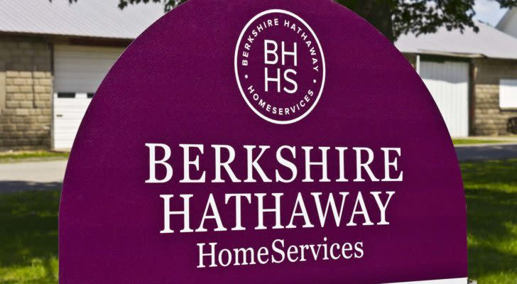 A Berkshire Hathaway (BRK.A, BRK.B) sign sits out front of an office in Lafayette, Indiana.