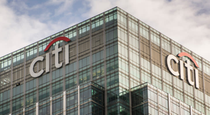 The logo for Citigroup (C) can be seen on the side of an office building for the company.