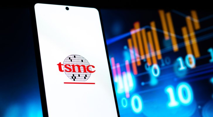 Taiwan Semiconductor, TSMC (TSM) on phone screen stock image.