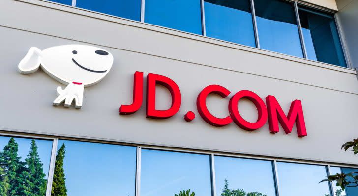 JD.com (JD) logo displayed at the entrance to the company's Silicon Valley office.
